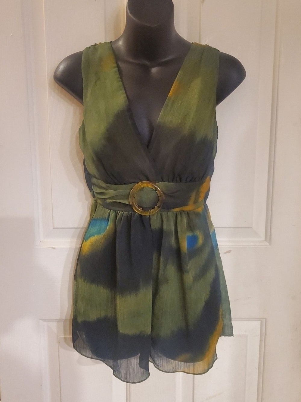Studio Y Black Lined Chiffon Tunic with Green and Blue Accents